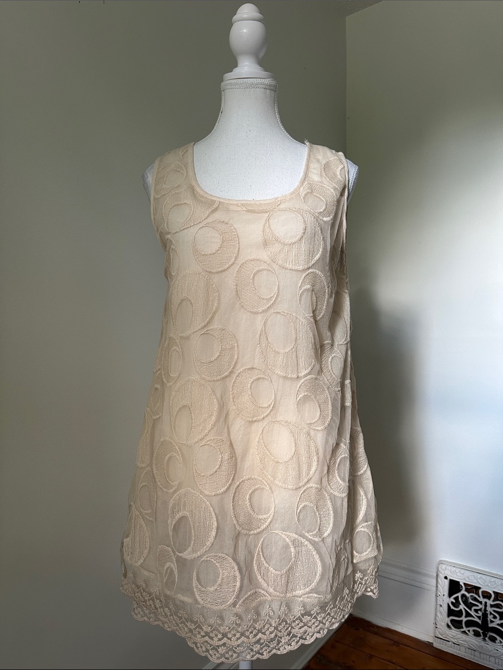 NICOLE MARIE Cream Mesh Celestial Boho Coquette Lace Long Lined Tank Top Small